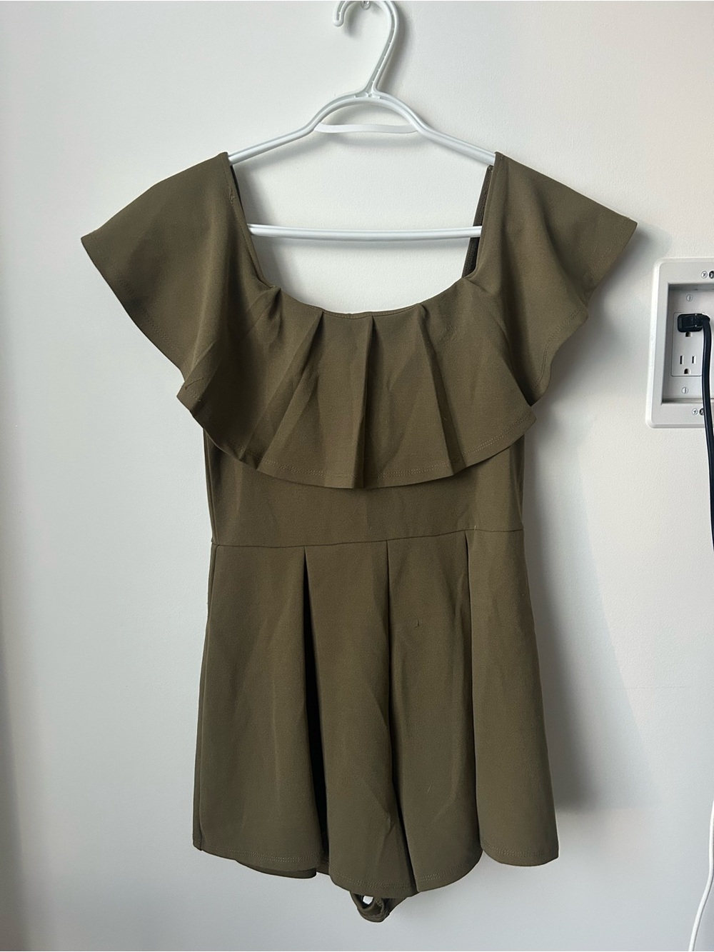 Olive Green Off-Shoulder Ruffle Romper